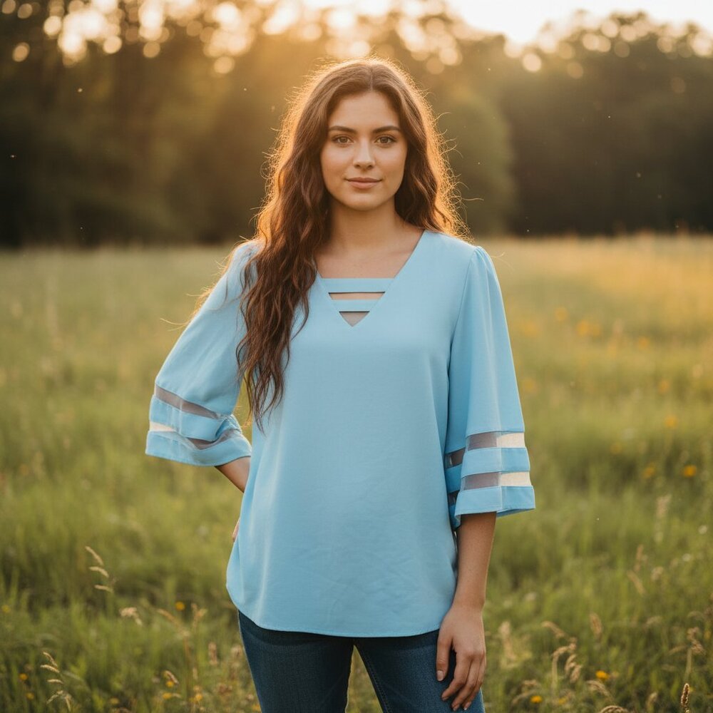 Womens M Top Blue Mesh Detail Bell Sleeve V Neck Boho Chic Office Casual Coastal